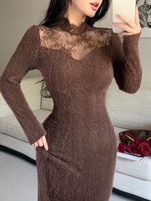 Feyla Women's Sweet Lace Patchwork Long Sleeve Mermaid Dress - Coffee Brown - View 5