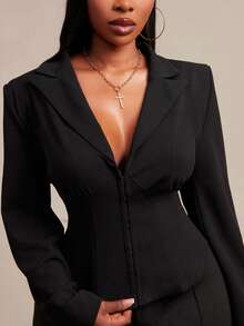 SHEIN SXY Black Padded Shoulder V-Neck Cropped Fitted Waist Blazer - Black - View 5