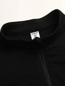 SHEIN Serisse Kids Tween女孩休閒街頭風針織粉色立領拉鍊開衩修身夾克與喇叭褲休閒運動套裝，針織套裝，學院風套裝 - 黑色 - 查看 4