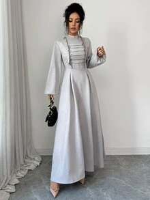 Yasmyna Women's Elegant Double-Breasted Long Sleeve Arabian Dress - Grey - View 3