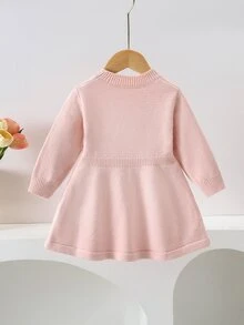 SHEIN 嬰兒粉色針織A字洋裝，圓領長袖，花卉刺繡蝴蝶結設計 - 淺粉色 - 查看 2