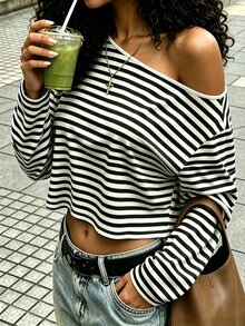 Dekonique Dekonique Crop Long Sleeve Should Off Striped Graphic Tee Loose Tshirt - Multicolor - View 4