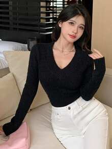 DAZY Women's Solid Color V-Neck Long Sleeve Casual Versatile Sweater, Autumn/Winter - Black - View 5