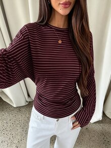 Aloruh 女款條紋休閒日常長袖T恤 - 酒紅色 - 查看 4