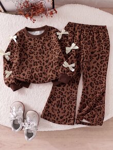 SHEIN Elladie kids 青少年女孩條紋蝴蝶結裝飾 2 件套套裝，華夫格針織長袖上衣與羅紋喇叭褲套裝 - 棕色 - 查看 7
