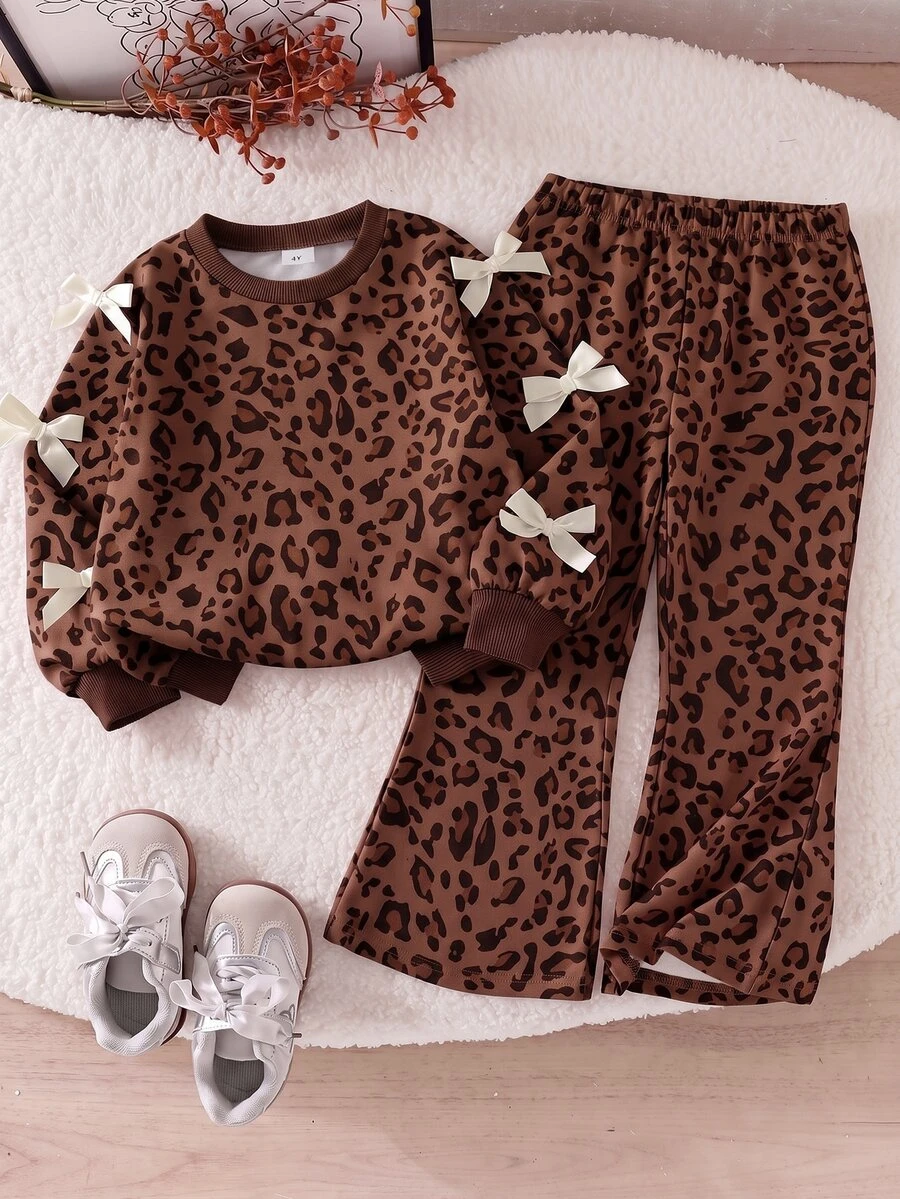 SHEIN Elladie kids Tween Girls Striped Bow Decor 2 Pieces Outfit, Waffle Knit Long Sleeve Top & Ribbed Flare Pants Set - Brown - View 1