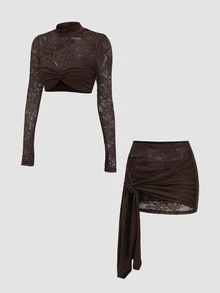 Sweetra Y2K Sexy Lace Patchwork Pleated Crinkled Versatile Party Commute 2 Pieces Set - Coffee Brown - View 7