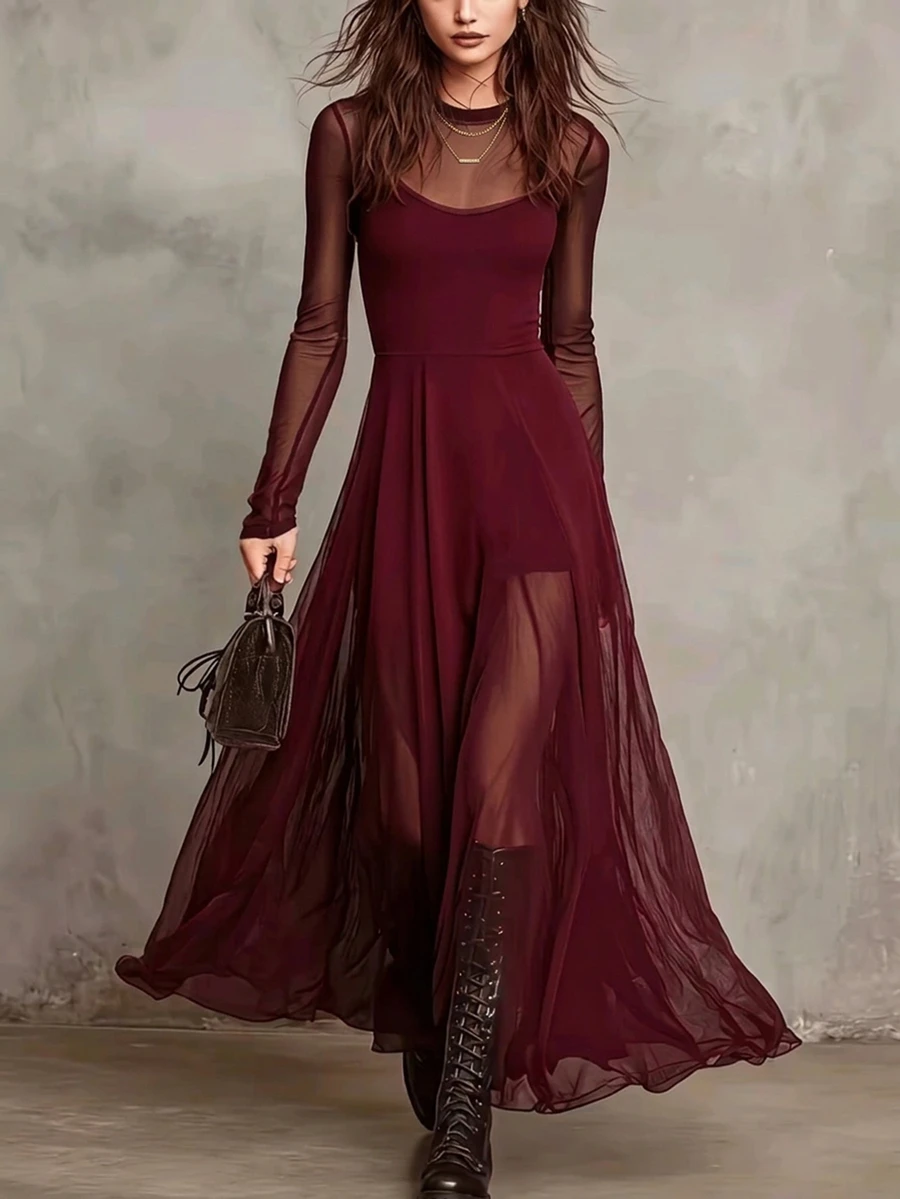 LUMIGAL Women's Mesh Patchwork Casual Party Long Dress - Red - View 1