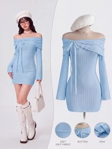 Elamini 女款秋冬露肩收腰蝴蝶結裝飾甜美可愛精緻百搭長袖針織洋裝 - 淺藍色 - 查看 5
