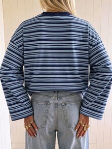 SHEIN EZwear Women's Striped Casual Versatile Daily Long Sleeve T-Shirt - Blue - View 2