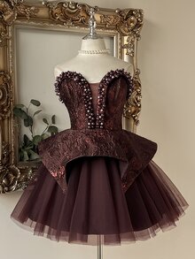 Lovelzi Elegant Romantic Gold & Silver Metallic Jacquard Satin Patchwork Tulle Circle Skirt With Luxurious Handmade Pearl Decor Short Hem, Suitable For Pre-Wedding Party, Wedding And Graduation Prom - Khaki - View 5