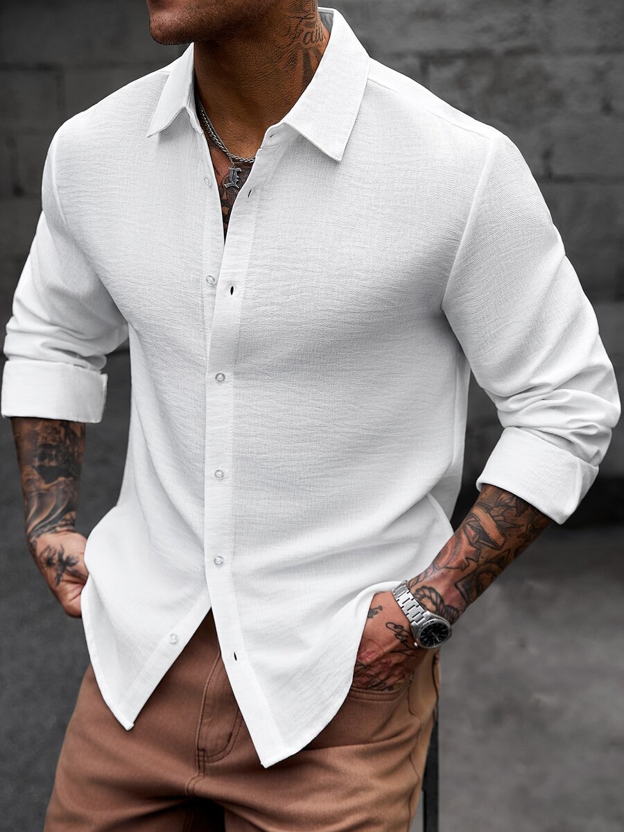 Manfinity CasualCool Men's White Single-Breasted Minimalist Versatile Commuter Long Sleeve Shirt - White - View 1