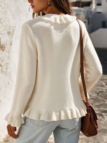 Balvessa Women's V-Neck Wavy Ruffle Trim Placket Hem Bell Sleeve Cardigan, Autumn - White - View 2