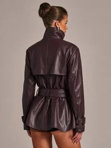 SHEIN BAE Jaket Wanita Elegan dengan Kancing, Kerah Tinggi, Lengan Panjang, Bahan PU - Coklat - View 2