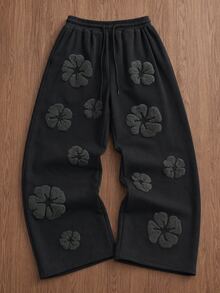 TOKVUE 男士美式復古花卉毛巾刺繡寬腿運動長褲，抽繩鬆緊腰寬鬆垂墜剪裁，極簡休閒日常通勤休閒褲，街頭時尚中性情侶穿搭，假期禮物首選，秋季直筒運動長褲 - 黑色 - 查看 3