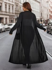 Comfylo Plus Size Women's Long Sleeve Long Cardigan With Pockets, Open Front V-Neck, Lightweight Soft Comfortable Casual Daily Wear Winter - Black - View 2