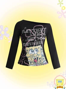 SpongeBob SquarePants | ROMWE Plus Size Cute Hand-Painted Pattern Print Versatile Asymmetrical Shoulder Long Sleeve T-Shirt - Black - View 1