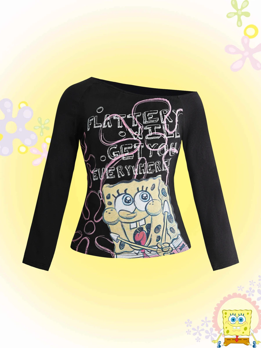 SpongeBob SquarePants | ROMWE Plus Size Cute Hand-Painted Pattern Print Versatile Asymmetrical Shoulder Long Sleeve T-Shirt - Black - View 1