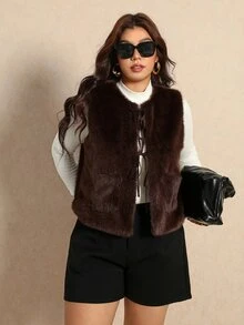 Elaquor Plus Size Women's Solid Color Front Tie Vest Faux Fur Jacket - Coffee Brown - View 1