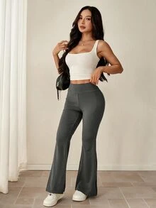 SHEIN PETITE 休閒運動風基礎百搭純色寬腰喇叭褲 開學季健身健身房運動穿搭 黑色 夏季 - 灰色 - 查看 5