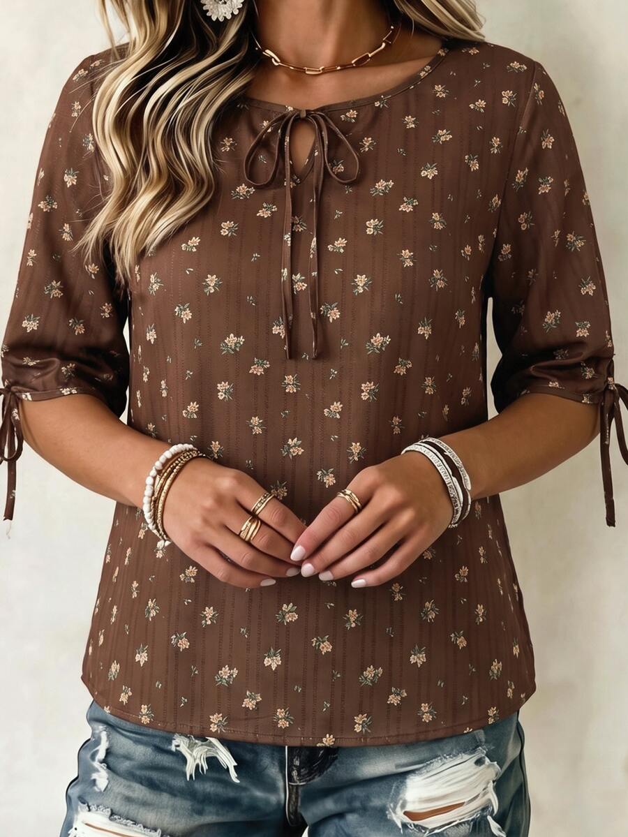 Linhara Ditsy Floral Loose Short Sleeve Shirt, Vintage Gentle Style - Brown - View 1