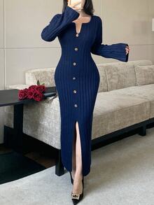 Modelyn Women's Solid Color Casual Daily Knit Dress - Blue - View 7