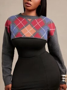 SHEIN SXY Plus Size Women's Diamond Lattice Casual Daily Long Sleeve Sweater - Multicolor - View 6