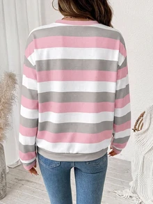 SHEIN LUNE 女款運動衫，秋季服飾，休閒極簡復古優雅通勤百搭舒適印花圖案粉色與白色條紋，秋季穿搭，女款通勤穿搭，百搭上衣，外出穿搭，機場穿搭 - 白色 - 查看 2