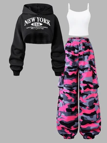SHEIN 青少年女孩字母短版連帽背心上衣與迷彩工裝褲三件式街頭風套裝 - 彩色 - 查看 3