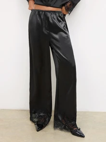 Maija Women's Solid Color Long Pants With Lace Trim, Urban Renaissance Street Style, Casual Fashion, Creative Personalized Streetwear - Black - View 3