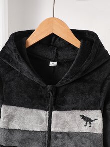 男童連帽長袖褲裝套裝，黑色與灰色恐龍刺繡圖案，簡約休閒舒適柔軟法蘭絨面料，保暖加絨冬季居家服 - 黑色 - 查看 6