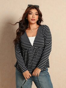 Elaquor 大尺碼女款 2 合 1 條紋拼接休閒日常 T 恤 - 黑與白 - 查看 6