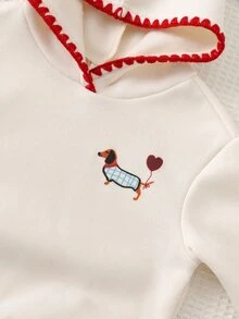 Cozy Pixies 女嬰休閒日常舒適小狗與愛心印花對比色刺繡飾邊連帽套頭長袖針織衛衣 - 白色 - 查看 4