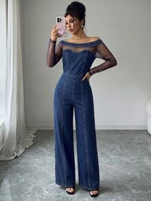 GlowEve Women's Asymmetrical Shoulder Mesh Patchwork Pleated Casual Everyday Denim Jumpsuit - Blue - View 2