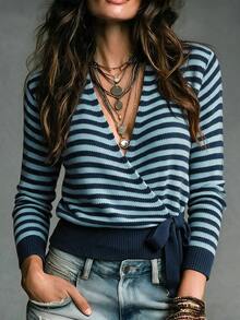 SHEIN Spring Fall French Wrap V Neck Knit Top Women Side Tie Waist Long Sleeve Slim Fitted Blouse - Blue - View 1