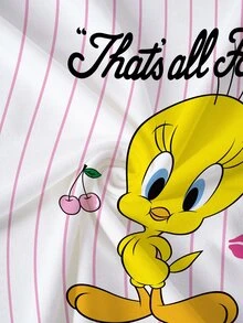 LOONEY TUNES X SHEIN Women's Cute Cartoon Pattern Print Contrast Color Round Neck T-Shirt - White - View 7