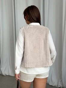 GalTyme Plus Size Women's Solid Color Casual Elegant Versatile Faux Fur Vest Winter Formal Cocktail Grey - Apricot - View 2