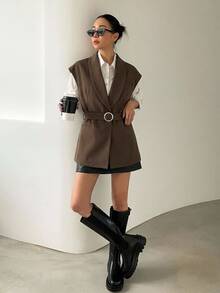 DAZY Women's Solid Color Casual Versatile Daily Wear Blazer Vest - Brown - View 4