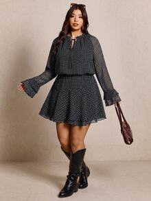 Elaquor 大尺碼休閒通勤波點印花洋裝，女款休閒波點藍色洋裝，適合秋冬休閒辦公商務工作與外出穿著 - 黑與白 - 查看 3