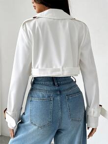 SHEIN EZwear 女款缺口領前開鈕扣長袖短款風衣，適合秋冬日常休閒穿著 - 白色 - 查看 2