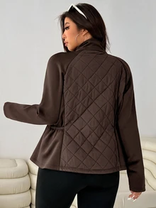 SHEIN EZwear Plus Size Slim Fit Elastic Pocket Patchwork Jacket, Autumn/Winter - Brown - View 2