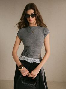 Poéselle Women's Lace Patchwork Casual Daily Short Sleeve Top - Grey - View 8
