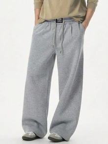 DAZY Autumn/Winter Thermal Lined Waistband Patch Elastic Waist Light Gray Straight Leg Men's Sweatpants - Light Grey - View 1