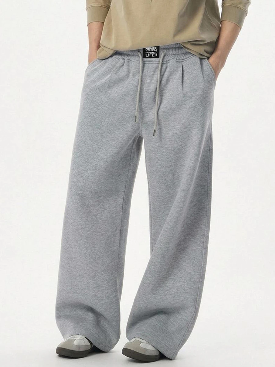DAZY Autumn/Winter Thermal Lined Waistband Patch Elastic Waist Light Gray Straight Leg Men's Sweatpants - Light Grey - View 1
