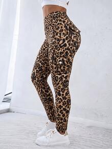 EMERY ROSE Plus Size Women's Leopard Print Cargo Pocket Skinny Casual Pants - Khaki - View 3