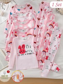 Girls Sweet Cute Comfortable Soft Thick Thermal Lined Fitted Fabric Pink Rabbit Bow Heart Rainbow Cloud Print Round Neck Pullover Long Sleeve Top And Pants Loungewear Set 2pcs - Multicolor - View 9