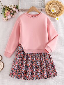 SHEIN 1件女童棕色拼接印花2合1連衣裙，休閒日常秋季洋裝 - 粉色 - 查看 3
