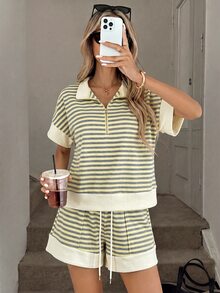SHEIN LUNE 女款休閒夏季度假通勤日常基礎時尚套裝 條紋短袖上衣與短褲 2件組 - 灰色 - 查看 7