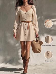 Cévolie Women's Solid Color Button Decor Lace Patchwork Long Sleeve Simple Versatile Dress - Apricot - View 7