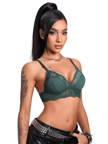 AltBold 1pc Lace Patchwork Wireless Non-Padded Women's Bra - Dark Green - View 5